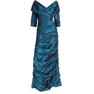 NWT RICKIE FREEMAN TERI JON RARE 100% SILK TEAL RUCHED COLUMN GOWN SIZE 6